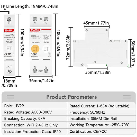 Ewelink Wifi MCB Smart Circuit Breaker 1P 2P 63A Switch Energy Metering Timer Relay Kwh Voltage Current Protector Remote Contro