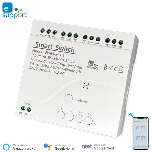 Ewelink 4 Channel Smart Wifi 85-250V Switch, Free APP Remote Control ,Bluetooth, Inching ,Self-Lock ,Inter-Lock,Works with Alexa