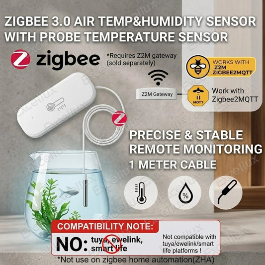 Zigbee Temperature Humidity Sensor for Z2MQTT with NTC Stainless Steel Probe Thermometer Detects Pool Fish Tank Bathtub Freezer