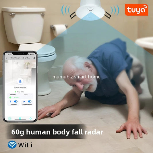 Tuya Remote Monitoring 60G Millimeter-Wave Radar Fall Detector High-Precision Human Presence Sensor, Essential for Elderly Care