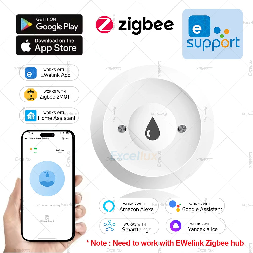 Ewelink Zigbee 3.0 Water Sensor Alarm Water Flood Leak Detector Remote Monitoring Overflow Security Alarm System Support ZHA Z2M
