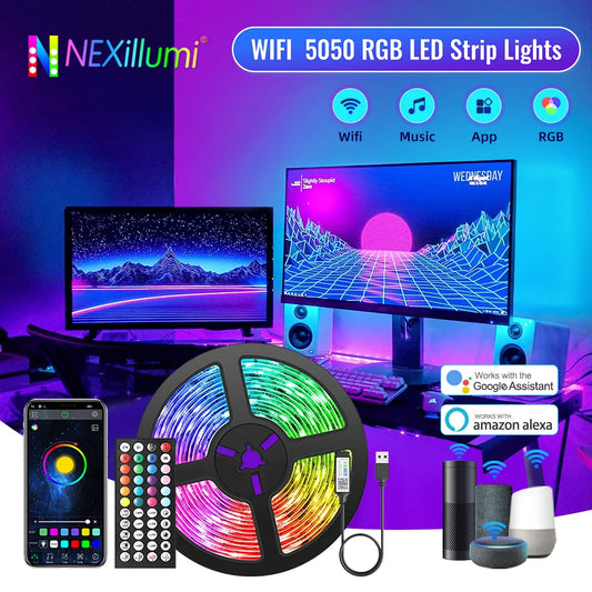 1m-10m WIFI RGB 5050 Bluetooth LED Strip Light with USB Line, Music Sync 5V Flexible Ribbon Alexa Smart Lamp for Party Room Deco