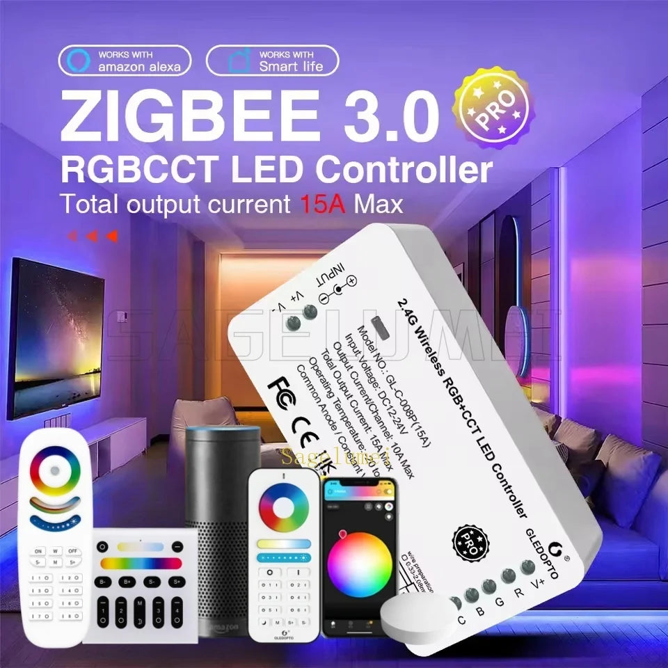Zigbee 3.0 LED Strip Controller RGBCCT Pro 15A GLEDOPTO Current Work with Hu/e Tuya SmartThings App 2.4G RF Remote Control Voice