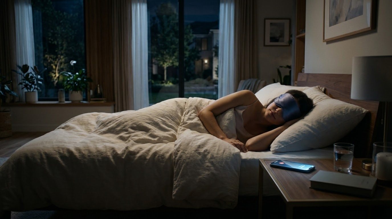 A woman asleep in a dark bedroom, her phone quiet on the nightstand