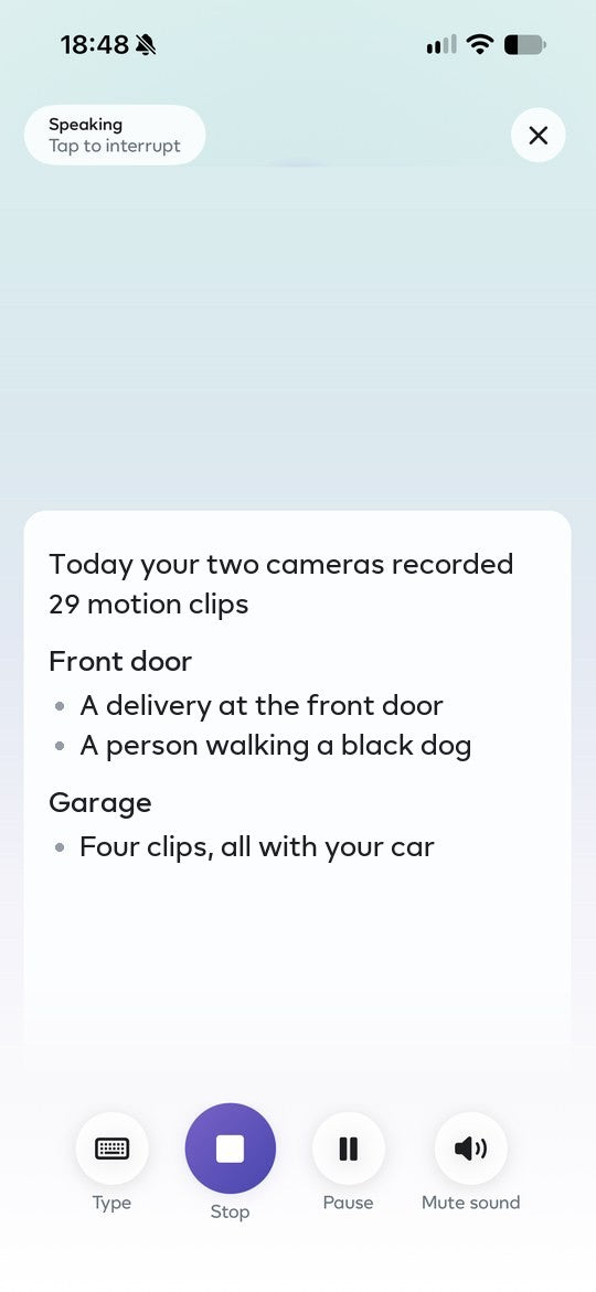 Ezlo AI speaking its answer about the day’s camera clips