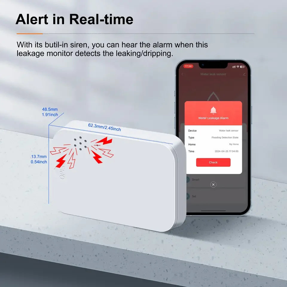 Tuya Zigbee Water Leak Sensor Smart Leakage Detector Built-In Smart Siren 85Db Alarm Sound for Smart Home Security System