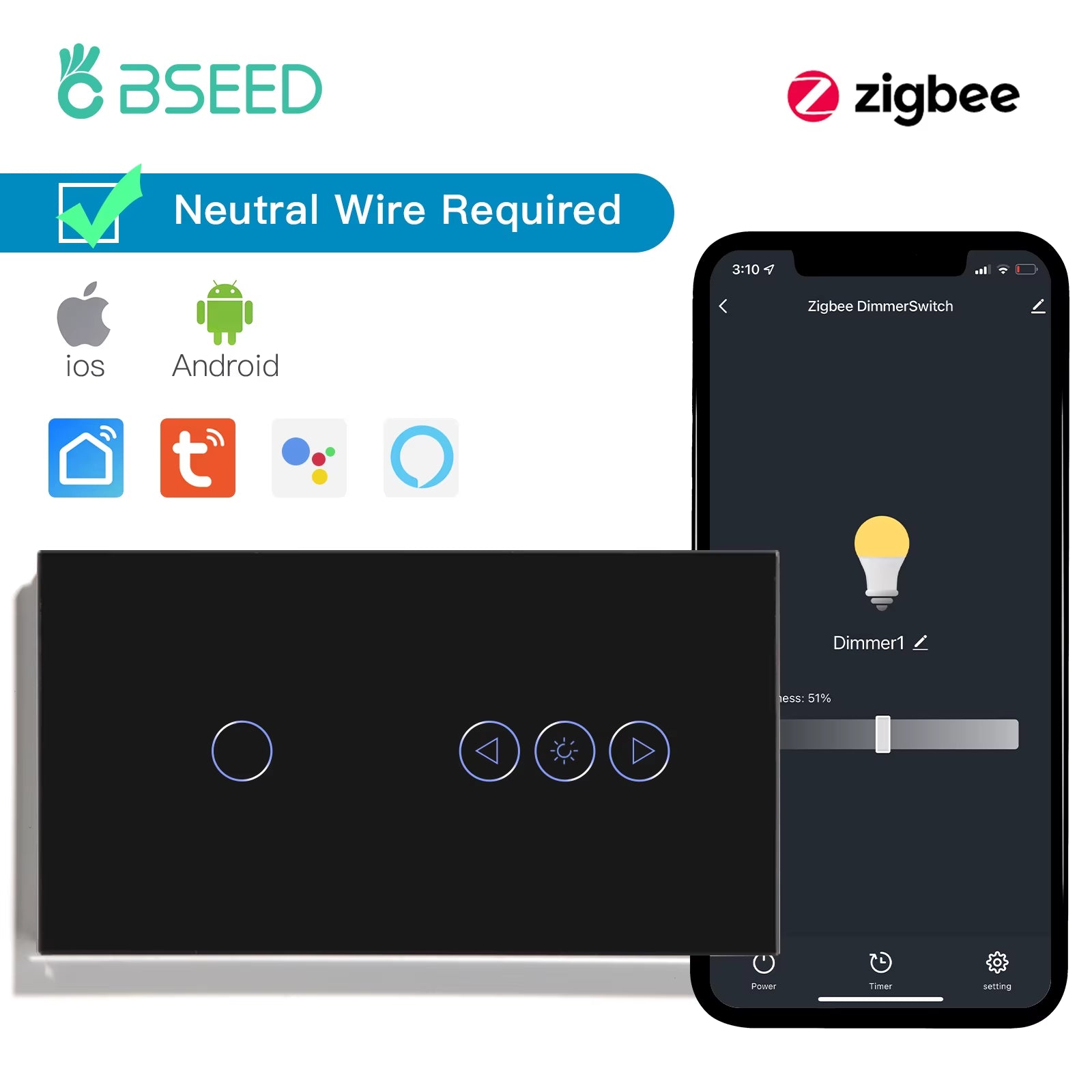 Zigbee Dimmer Switches Tuya APP Control Smart LED Dimmable Series Glass Google Alexa Smart Dimmer Touch Switches Black