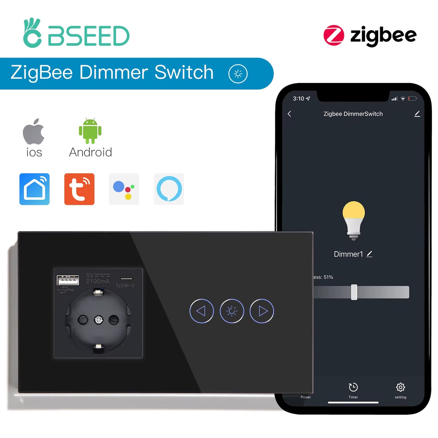 Zigbee Dimmer Switches Tuya APP Control Smart LED Dimmable Series Glass Google Alexa Smart Dimmer Touch Switches Black
