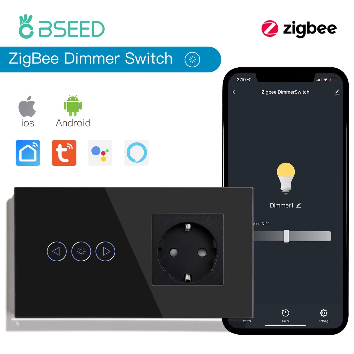 Zigbee Dimmer Switches Tuya APP Control Smart LED Dimmable Series Glass Google Alexa Smart Dimmer Touch Switches Black