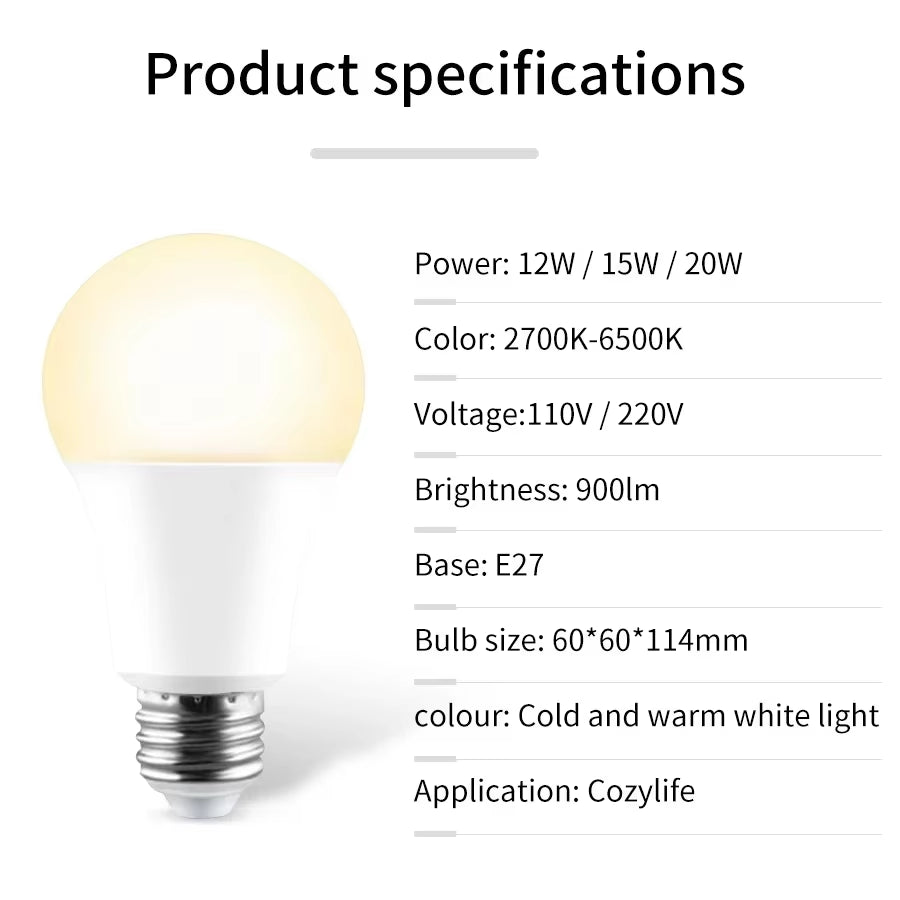 Cozylife 220V 110V Wifi Smart LED Bulb 12W 15W 20W E27 Cold & Warm Indoor Light Alexa Google Home Together APP Timing Dimming