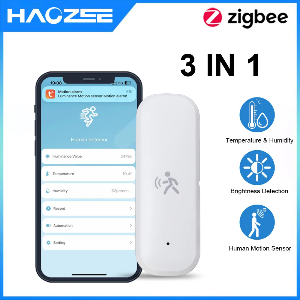 Zigbee Smart Pir Motion Sensor Detector with Temperature and Humidity Sensor Security Burglar Works with Home Assistant