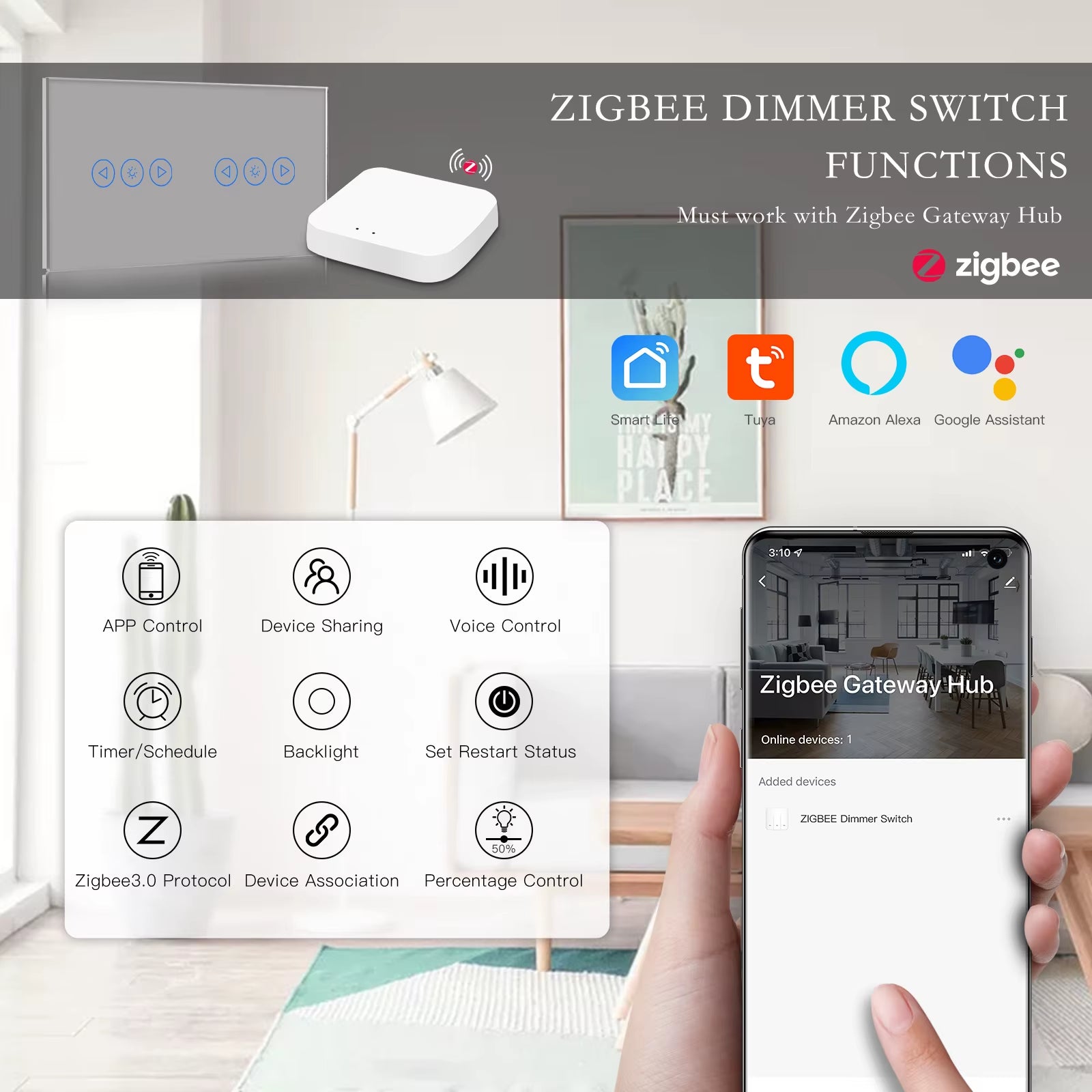 Zigbee Dimmer Switches Tuya APP Control Smart LED Dimmable Series Glass Google Alexa Smart Dimmer Touch Switches Black
