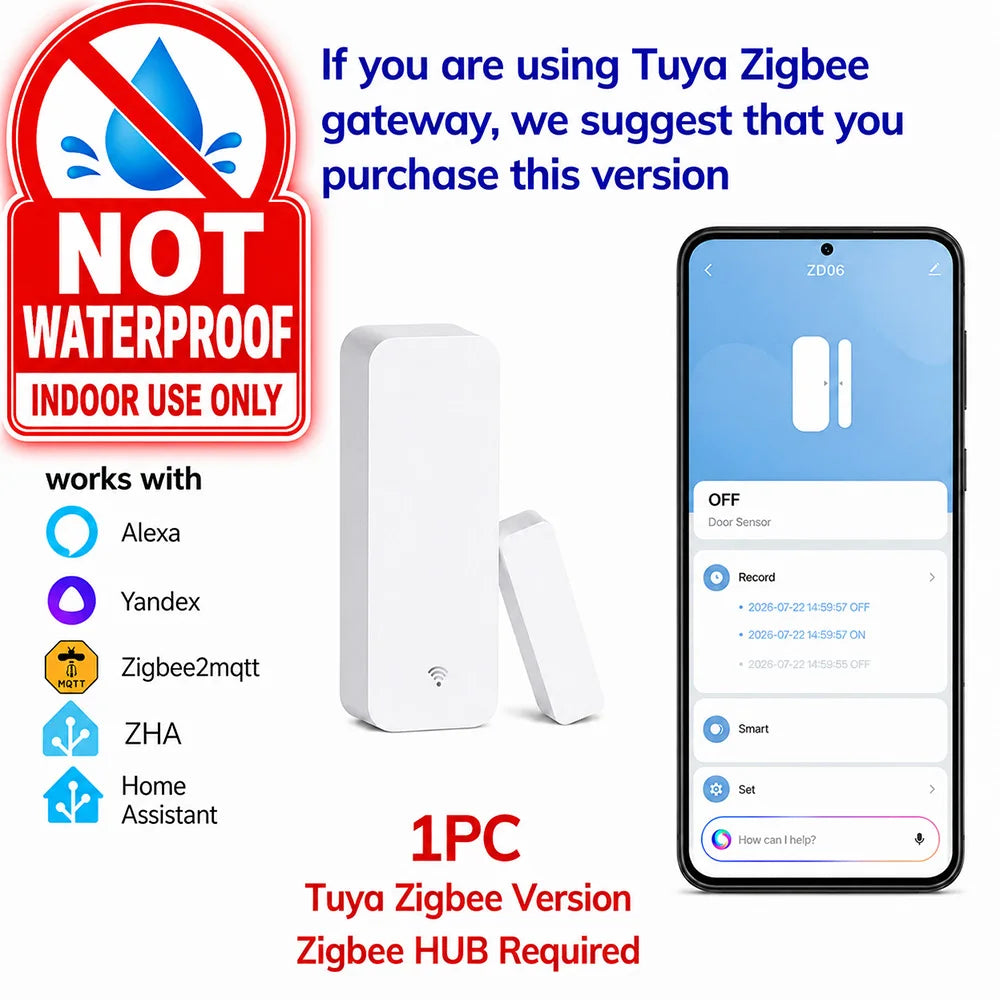 Tuya Zigbee 3.0 Door Window Sensor IP65 Waterproof & Non-Waterproof Options Magnetic Contact Alarm Alexa Yandex ZHA