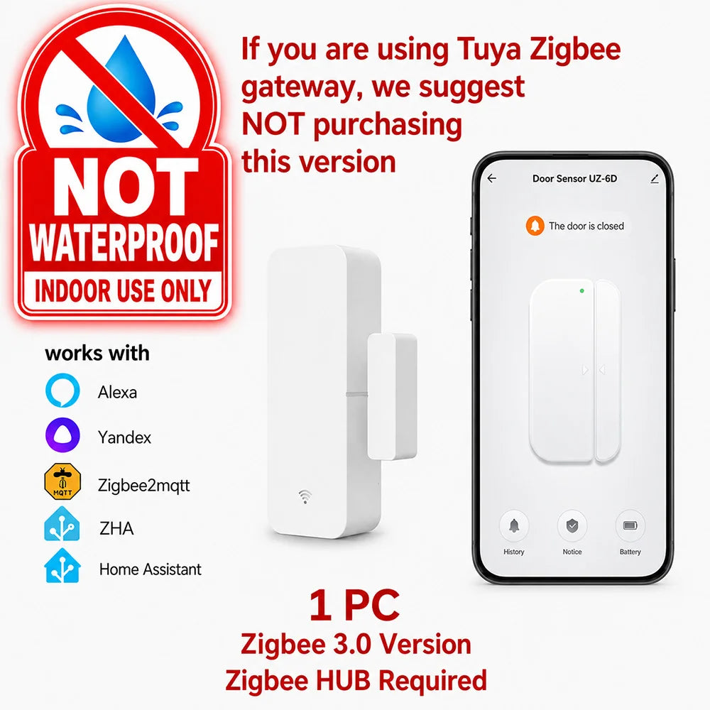 Tuya Zigbee 3.0 Door Window Sensor IP65 Waterproof & Non-Waterproof Options Magnetic Contact Alarm Alexa Yandex ZHA