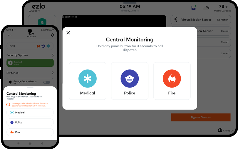 Central Monitoring panic buttons on Ezlo Protect call Medical, Police or Fire dispatch in seconds
