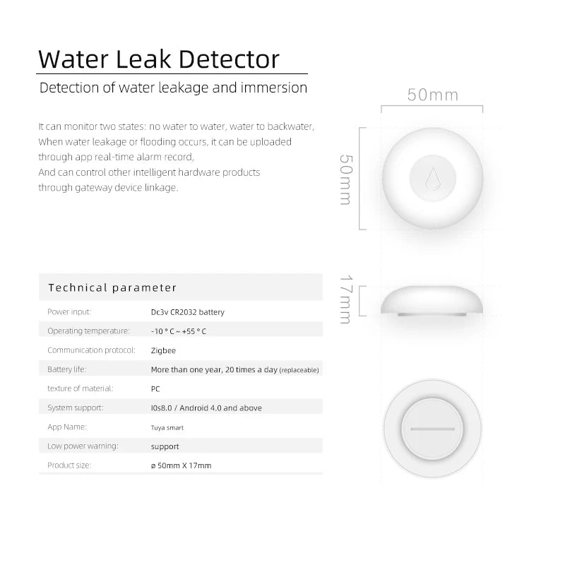 Zigbee Flood Sensor Smart Water Leak Detector Smart Life APP Linkage Alarm via Tuya Gateway Work with Alexa Google Assistant