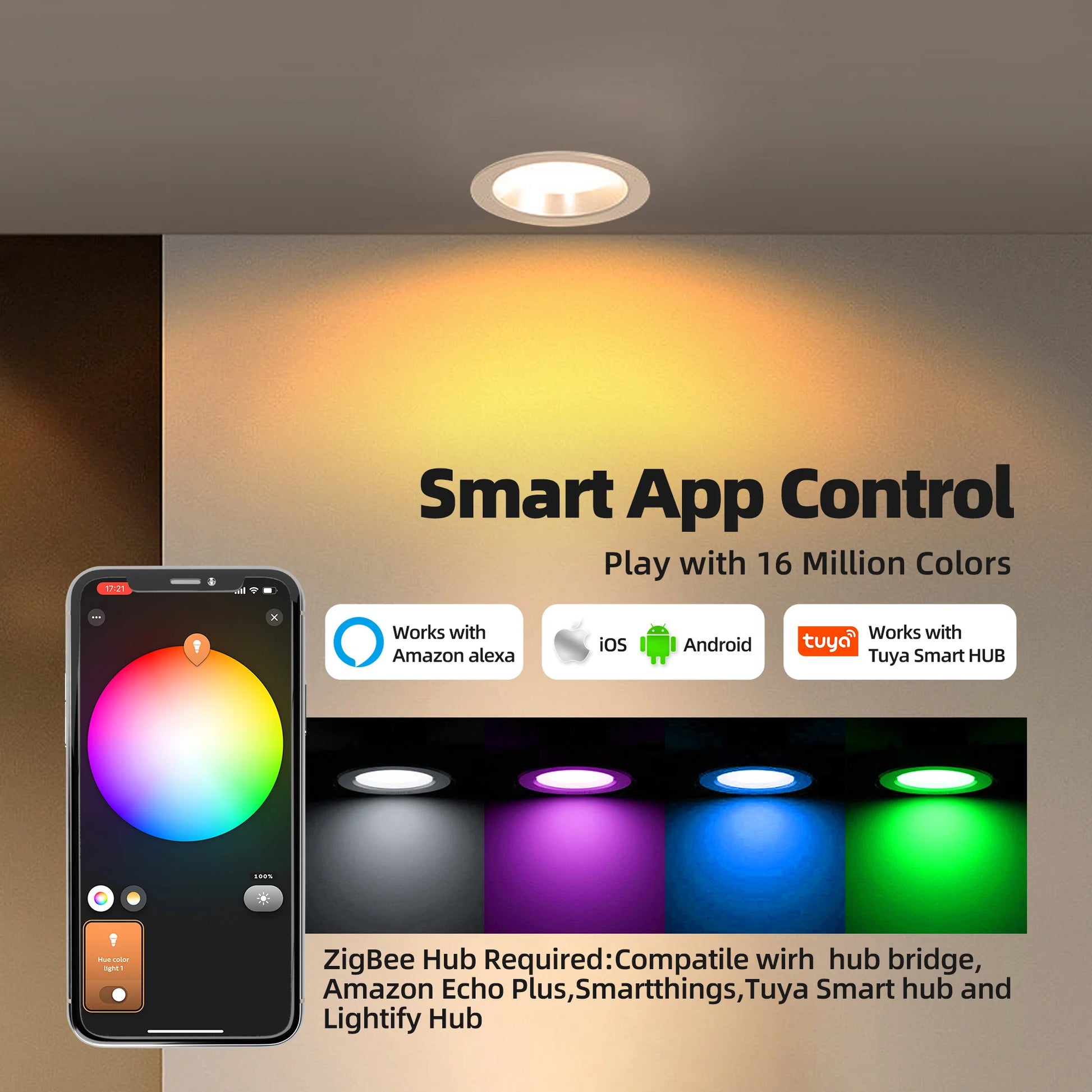 Smart Zigbee 3.0 Led Downlight RGB+CW+WW 4 Inch round Ceiling Light Work with Hub Bridge Hub Echo plus Alexa Voice Control