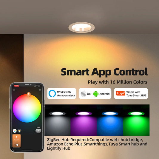 Smart Zigbee 3.0 Led Downlight RGB+CW+WW 4 Inch round Ceiling Light Work with Hub Bridge Hub Echo plus Alexa Voice Control