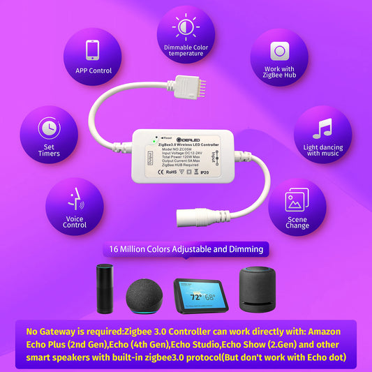 Smart Zigbee 3.0 Controller Dimmable LED 5M RGBCCT LED Light Strips Compatible Zigbee HUB Bridge,Echo plus Atmosphere Lighting