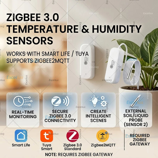 Zigbee 3.0 Temperature Humidity Sensor with External Temp Probe Option,For Fish Tank Freezer Thermometer,For Tuya/Smart Life/Z2M