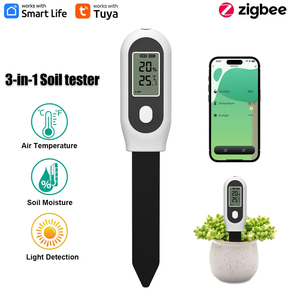Tuya Zigbee Soil Moisture Sensor 3 in 1 Humidity Temperature Sunlight Meter Screen/App Control for Plants Pots Garden