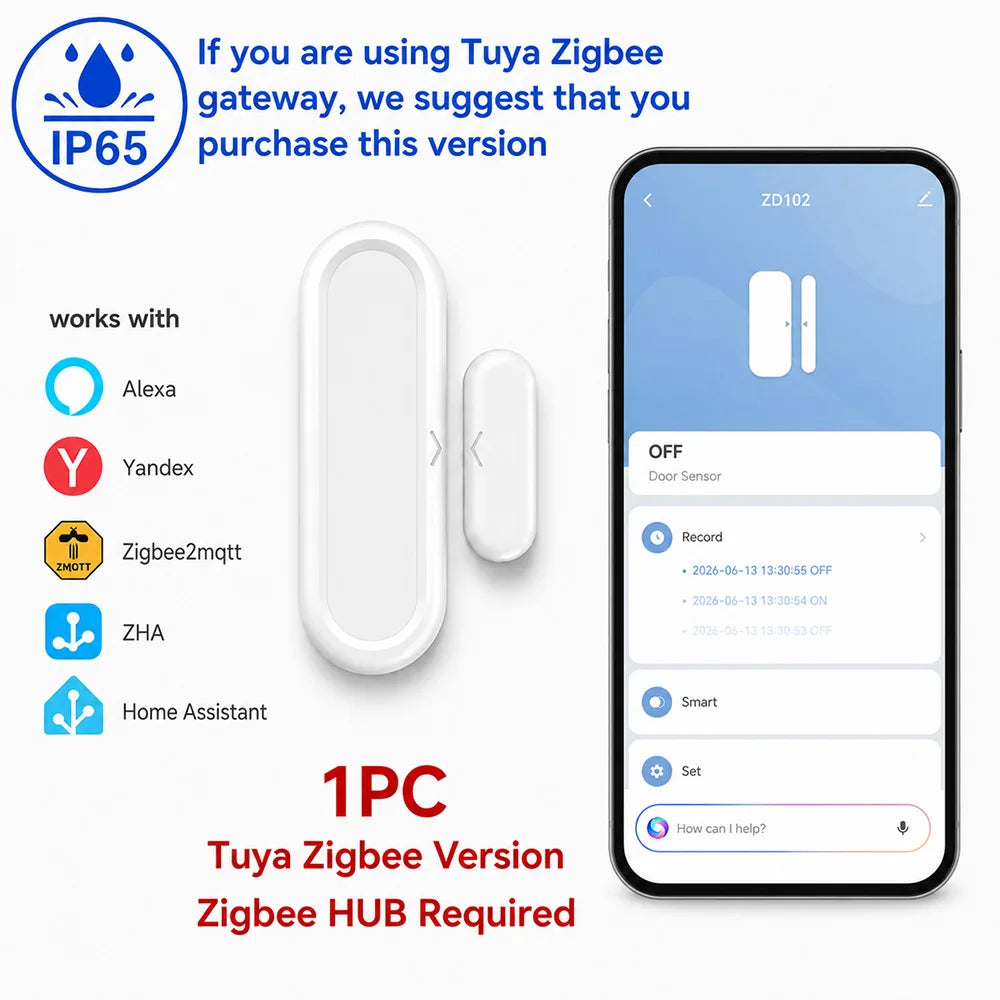 Tuya Zigbee 3.0 Door Window Sensor IP65 Waterproof & Non-Waterproof Options Magnetic Contact Alarm Alexa Yandex ZHA
