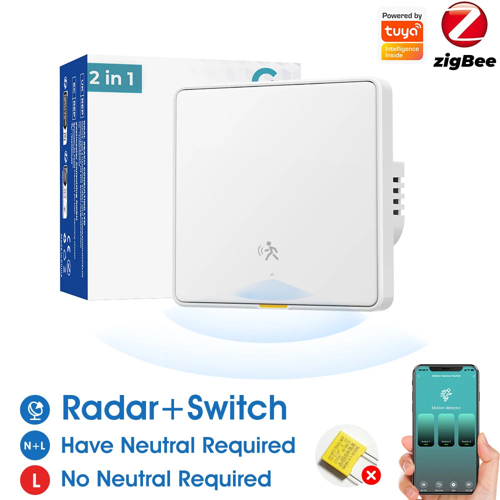 Tuya Zigbee 3.0 Smart Light Switch with 6M Radar Human Motion Detection Alarm Sensor No/Need Neutral Wire Switch