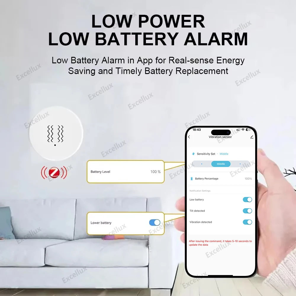 Zigbee 3.0 Smart Vibration Sensor Detection APP Notification Real-Time Motion Shock Alarm History Record Support Zigbee2Mqtt