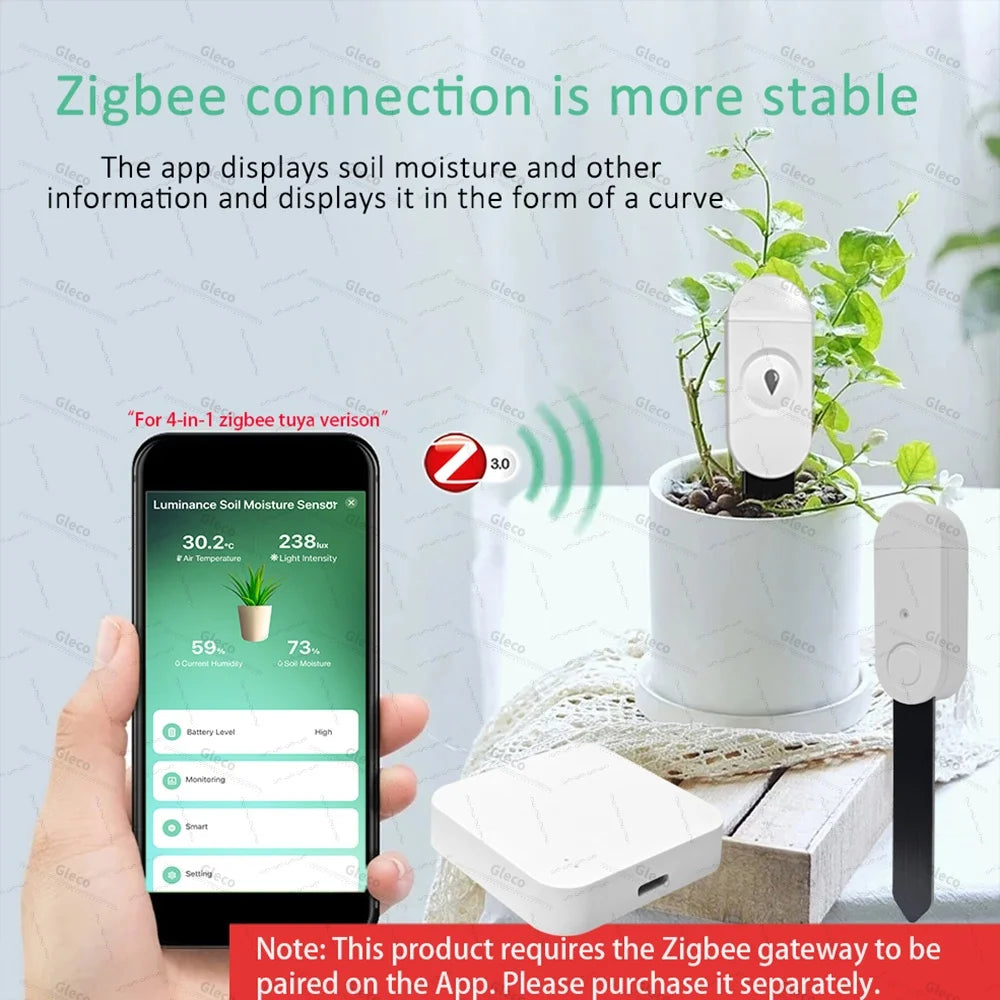 Zigbee Soil Moisture Sensor Temperature Humidity Meter Fertility Light Tester for Tuya Smart Life Z2M Home Assistant Automation