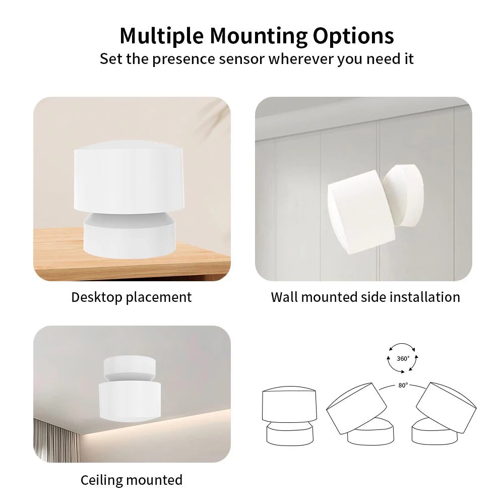 Zigbee or Wifi Smart Human Presence Sensor 24G Mmwave Radar 20Ft Motion/15Ft Static Detection for Tuya/Alexa/Google Home Voice
