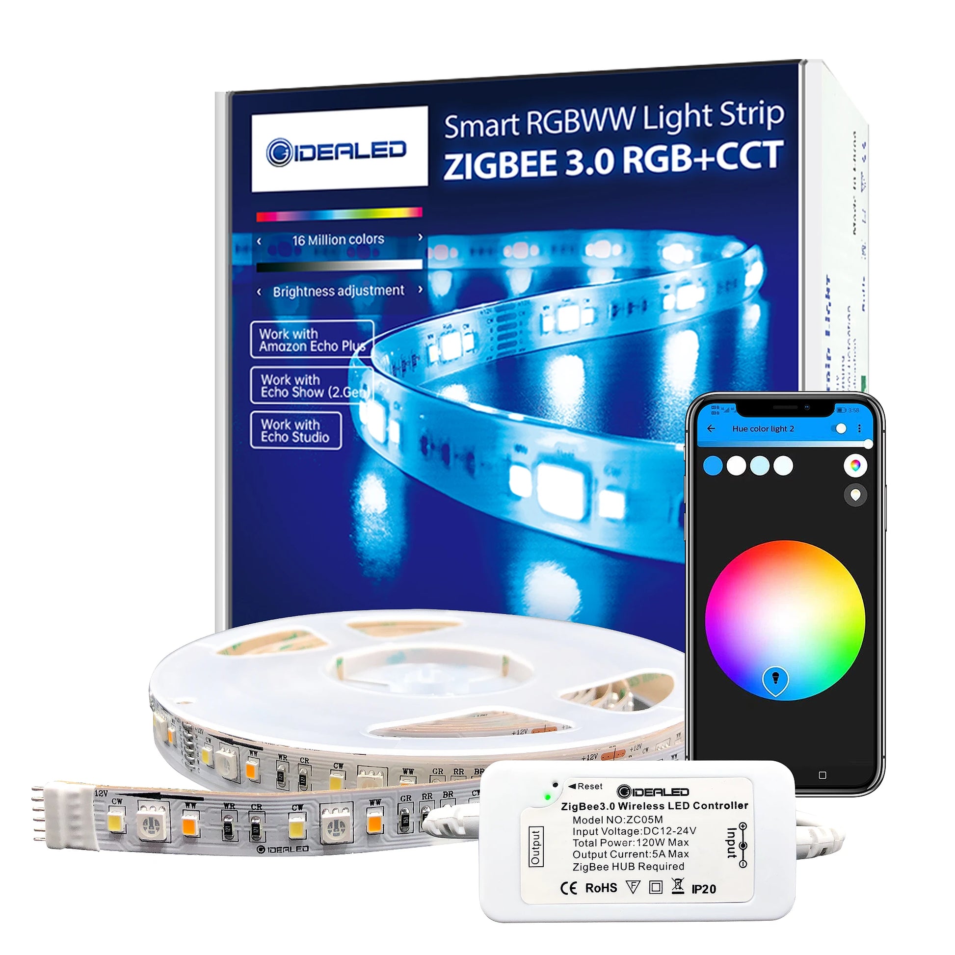 Smart Zigbee 3.0 Controller Dimmable LED 5M RGBCCT LED Light Strips Compatible Zigbee HUB Bridge,Echo plus Atmosphere Lighting