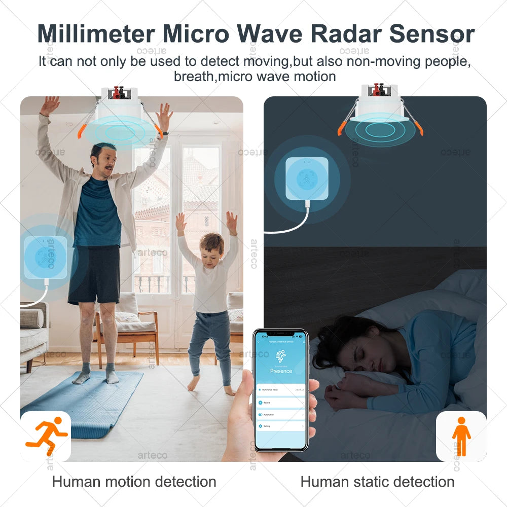 Wifi /Zigbee Human Presence Detector Smart Human Body PIR Sensor Mmwave Radar Microwave Motion Sensor with Luminance Detection