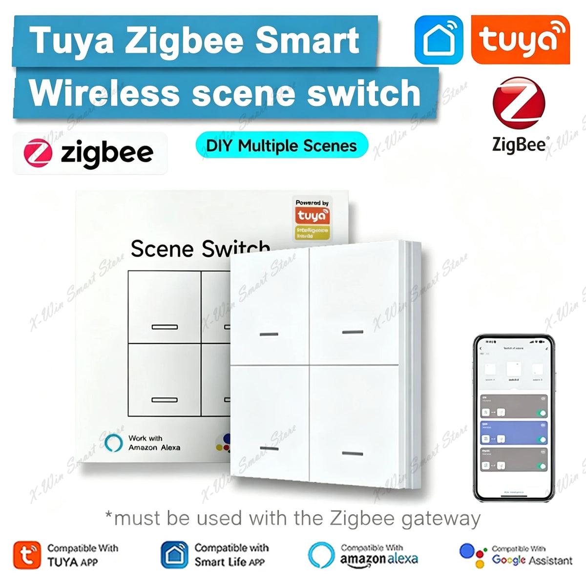 Tuya Zigbee Scene Switch 4 Gang DIY Wireless Push Button Controller Battery Powered Smart Home Automation with Smart Lif