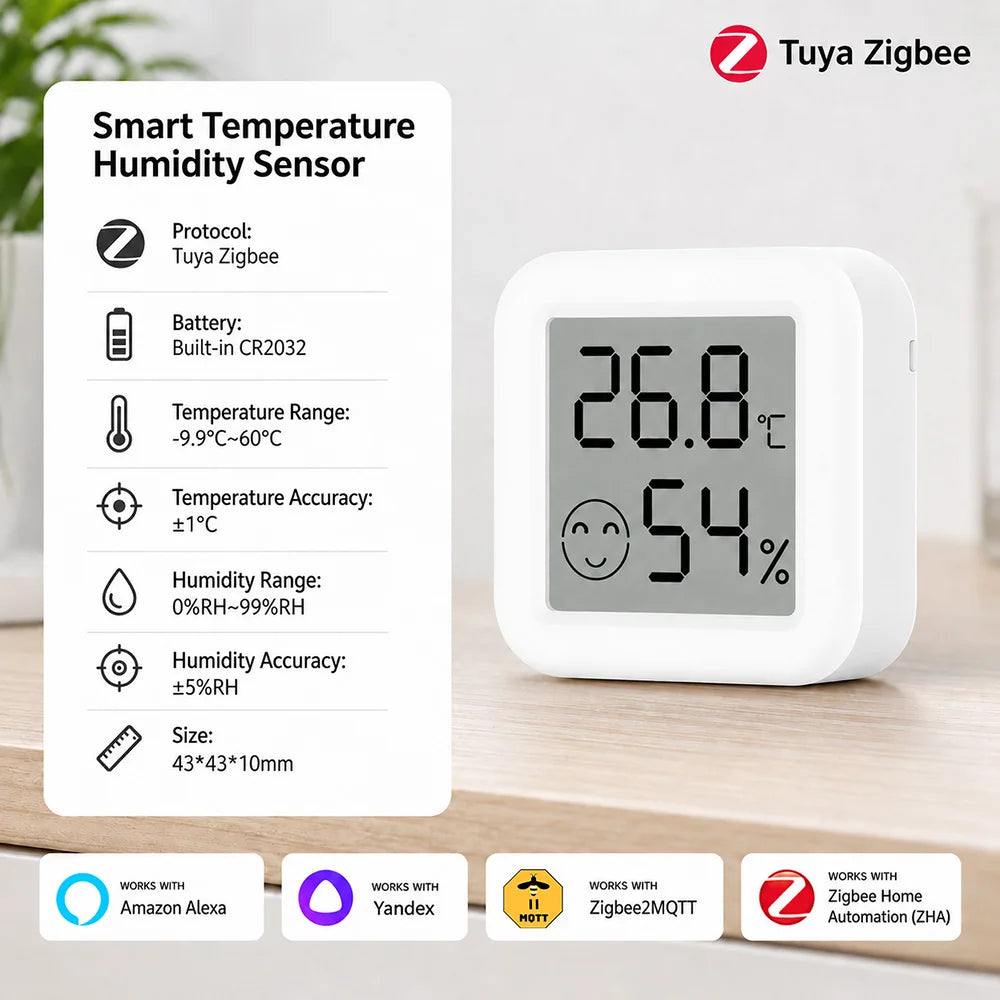 Tuya Zigbee Temperature and Humidity Sensor Requires a Zigbee Hub and Supports Zigbee2Mqtt, ZHA, Alexa, and Smartlife.