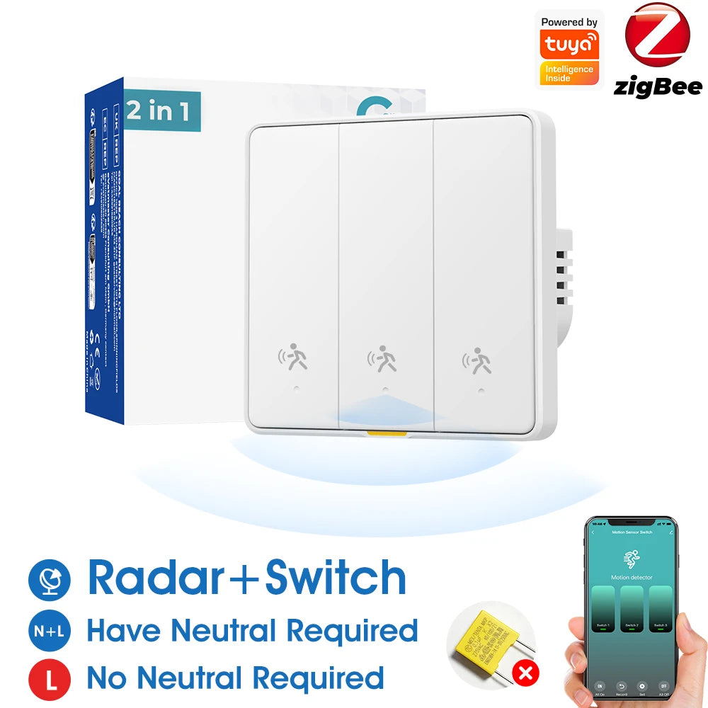 Tuya Zigbee 3.0 Smart Light Switch with 6M Radar Human Motion Detection Alarm Sensor No/Need Neutral Wire Switch