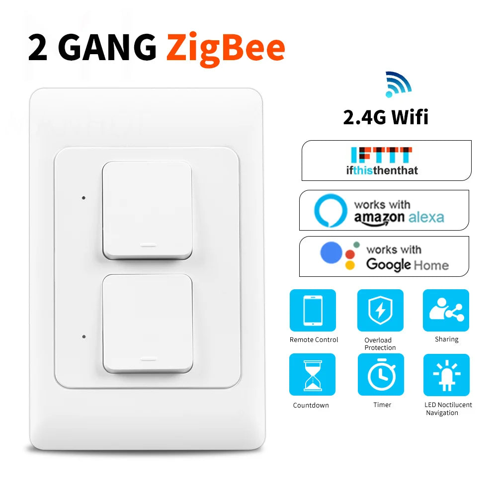 Tuya Zigbee Smart Light Wall Light Switch US/AU NO Neutral Wire Push Button Physical Remote Control Switches Alexa Google Home