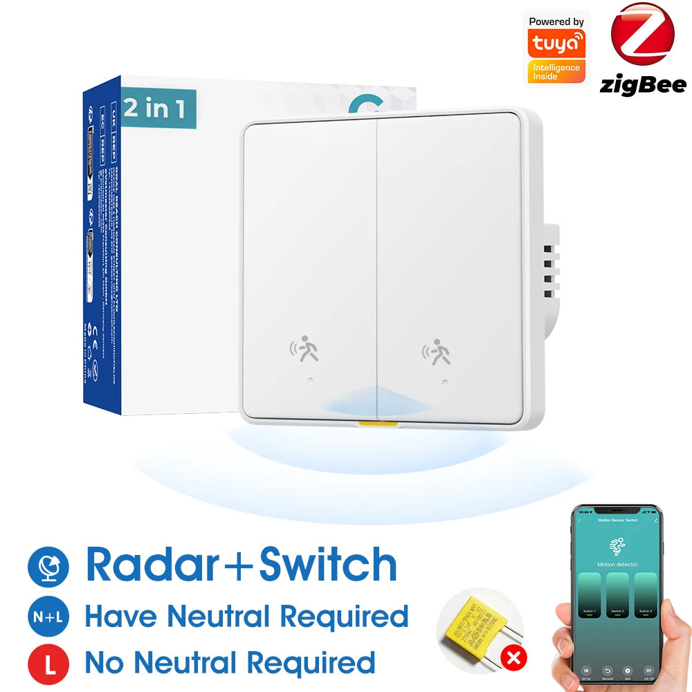 Tuya Zigbee 3.0 Smart Light Switch with 6M Radar Human Motion Detection Alarm Sensor No/Need Neutral Wire Switch