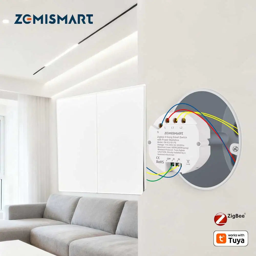 Zigbee 2 Gang Smart Inline Module Mini Light Switch with Power Statistics Function Work with Tuya Smart Life App