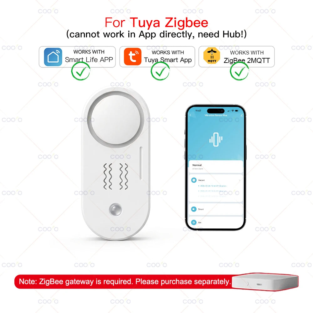 Tuya Zigbee Vibration Siren Sensor Smart Sound Light Siren Detector with 110Db Audio Alarm Rapid Detection for Home Security