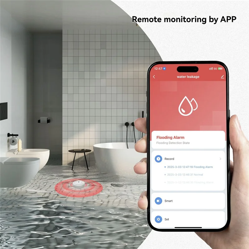 Abjf-Tuya Zigbee Water Sensor Alarm for Home, Detect Leaks & Full Water Tanks with APP Control