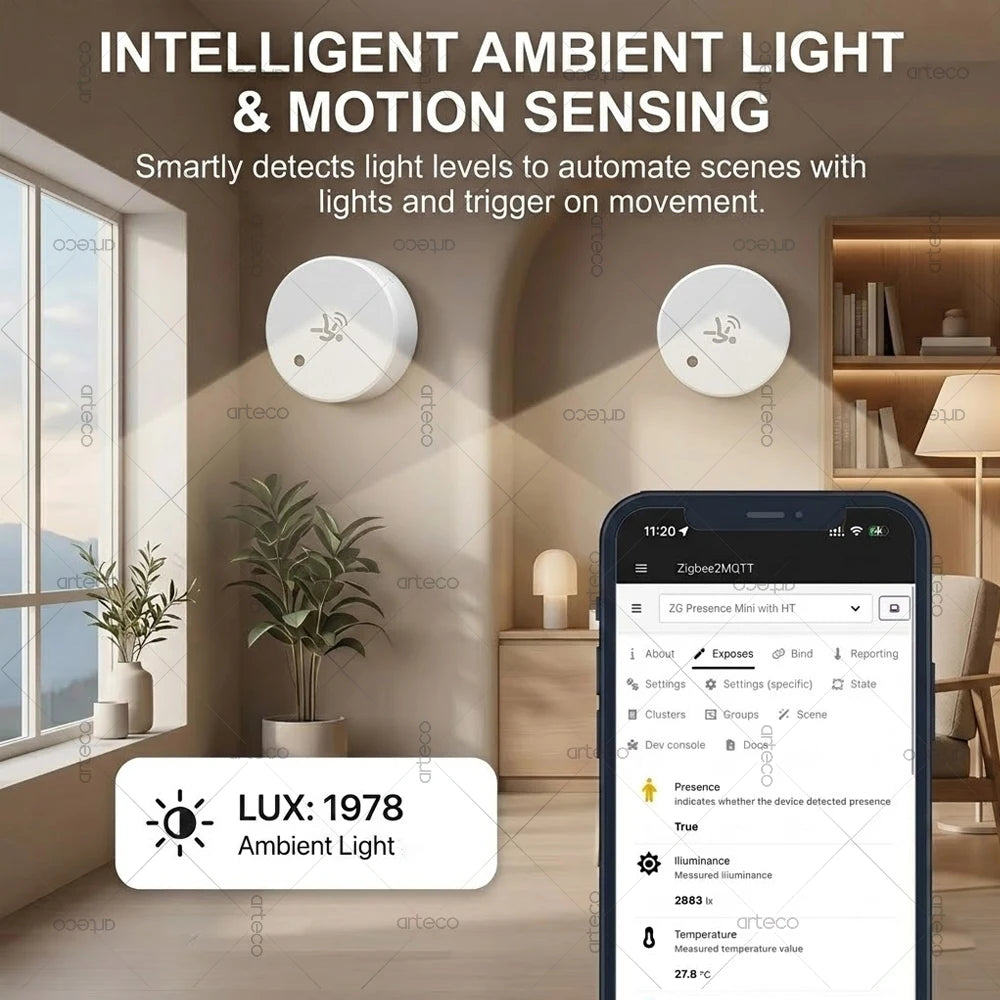 Zigbee 24G Radar Human Presence Sensor Static Motion Occupancy Sensor Brightness Temp Humidity Detector Z2M Tuya Home Assistant