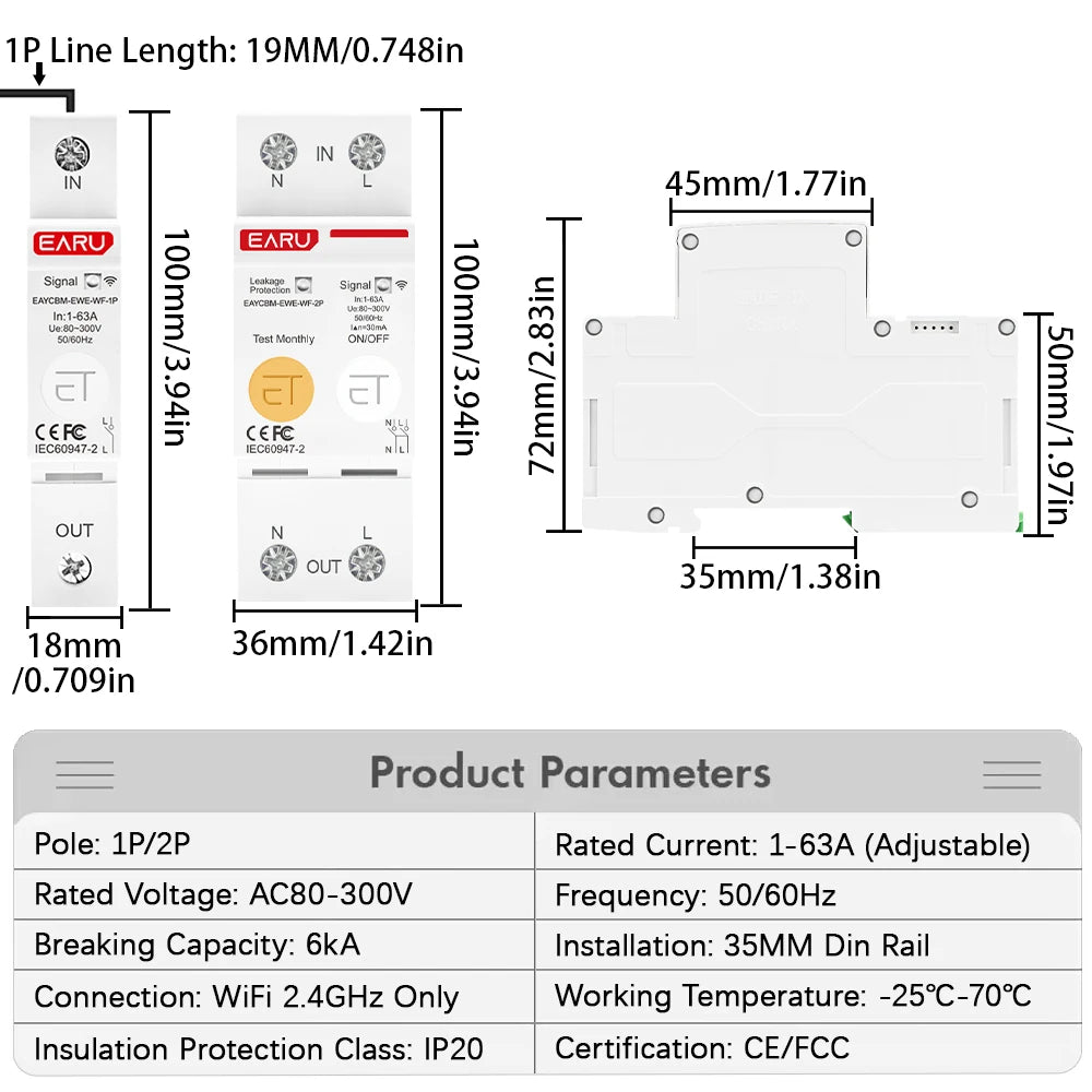 Ewelink Wifi MCB Smart Circuit Breaker 1P 2P 63A Switch Energy Metering Timer Relay Kwh Voltage Current Protector Remote Contro