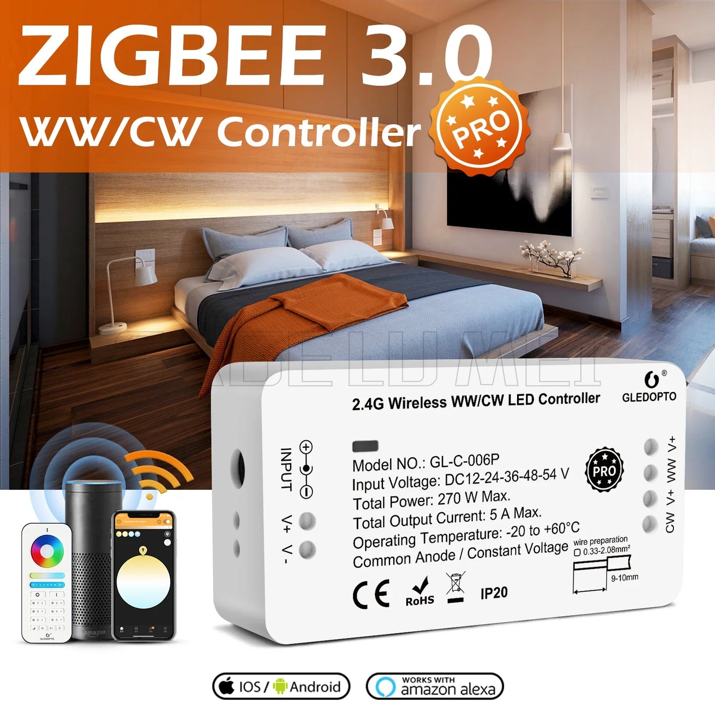 GL-C-006P GLEDOPTO Zigbee 3.0 Smart LED Strip Controller Compatible with Hub Tuya Smartthings App 2.4G RF Remote Control Voice