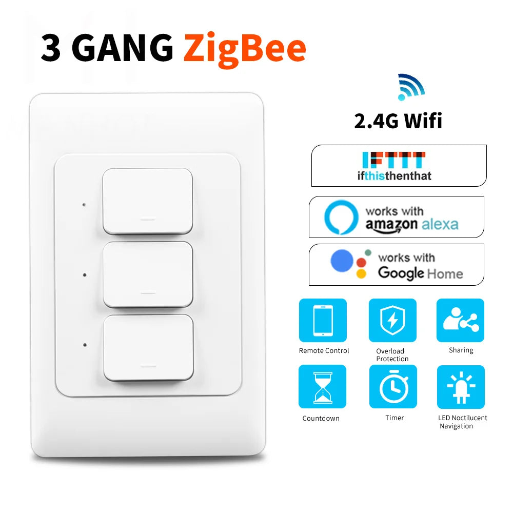 Tuya Zigbee Smart Light Wall Light Switch US/AU NO Neutral Wire Push Button Physical Remote Control Switches Alexa Google Home