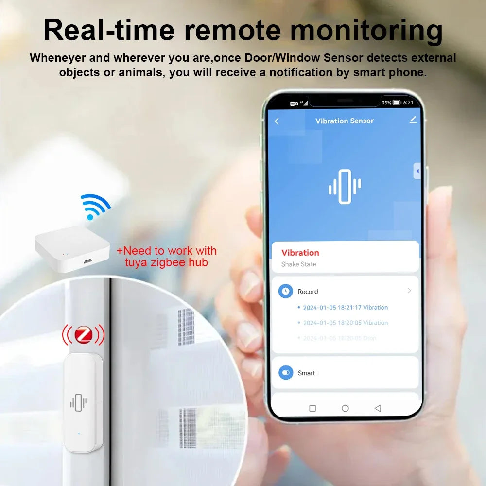 Tuya Zigbee Vibration Sensor Real Time Monitoring Door Window Detection Alarm Smart Home Security Protection System