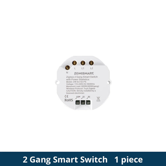 Zigbee 2 Gang Smart Inline Module Mini Light Switch with Power Statistics Function Work with Tuya Smart Life App