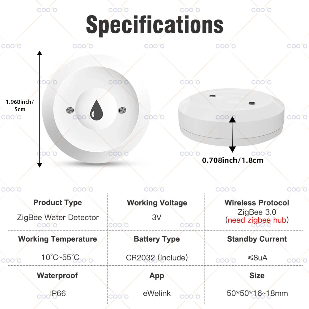 Ewelink Zigbee Water Sensor Alarm Water Leak Detector Flood Alert Overflow Security Alarm System Works with Alexa Google Alice