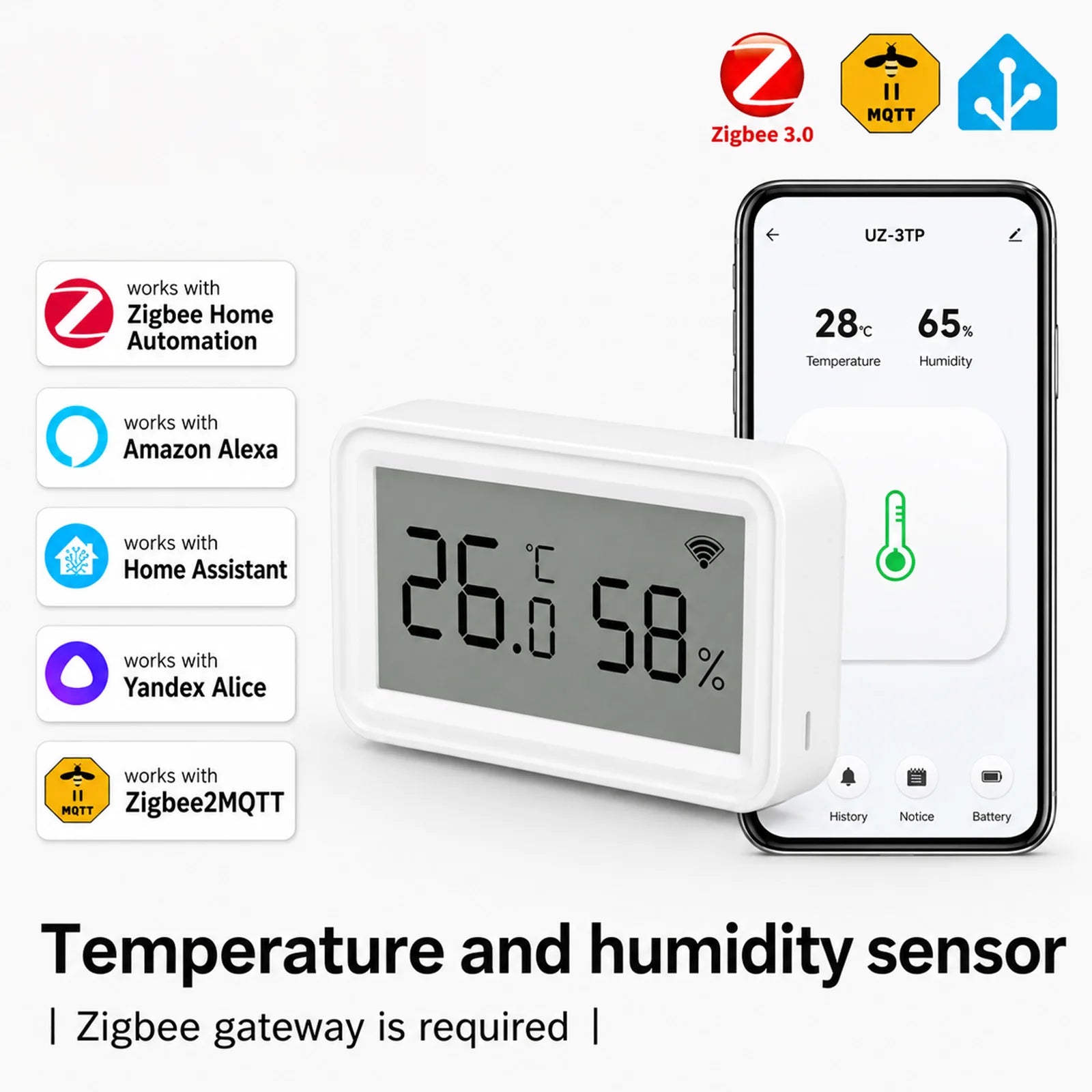 Zigbee 3.0 Temperature Humidity Sensor Smart Home Thermometer Hygrometer Works with Home Assistant ZHA Zigbee2Mqtt Alexa Yandex