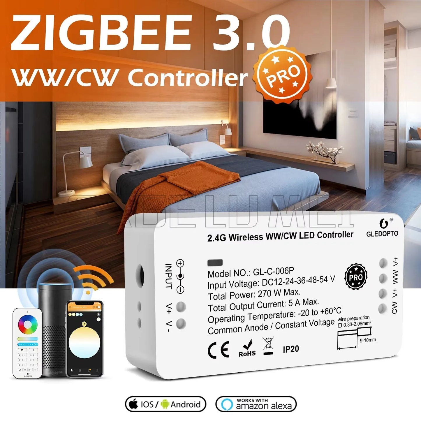 GL-C-006P GLEDOPTO Zigbee 3.0 Smart LED Strip Controller Compatible with Hub Tuya Smartthings App 2.4G RF Remote Control Voice