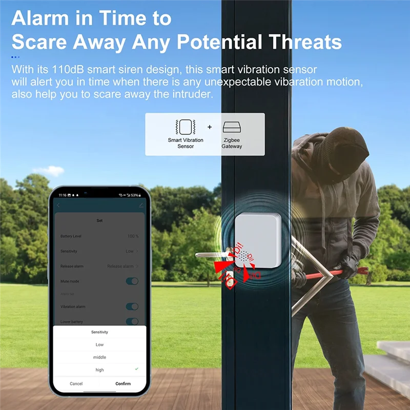 Abjf-Tuya Zigbee Smart Vibration Sensor Wireless Glass Break/Drop/Tilt Detector Smart Siren Alarm
